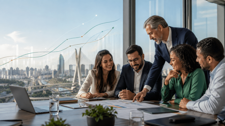 International executives reviewing a Brazil workforce expansion plan in a São Paulo office